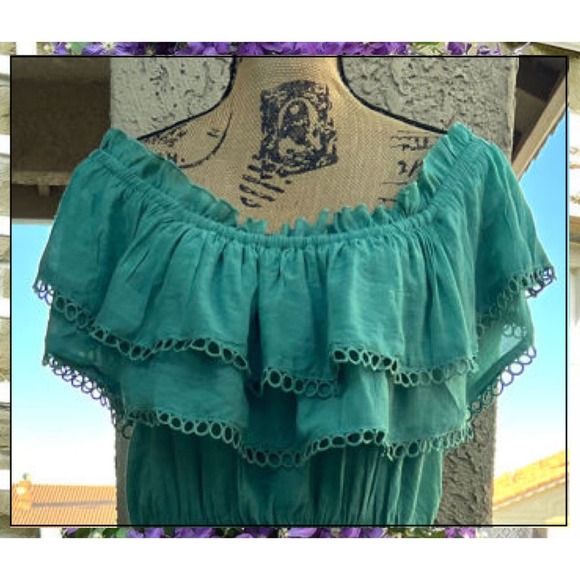 PinkBlush Green Off Shoulder Eyelet Tiered Maternity  or Everyday Dress Size L - Picture 3 of 9